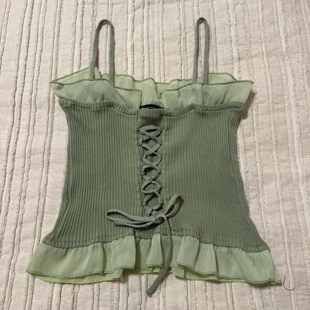 Cider Lace Up Knit Ruffle Edge Green Cropped Tank Top